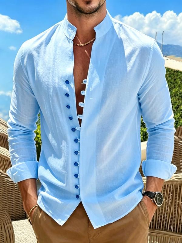 Men’s Stand Collar Linen Shirt – Button Front Long Sleeve Casual Shirt, Minimalist Summer Resort Style