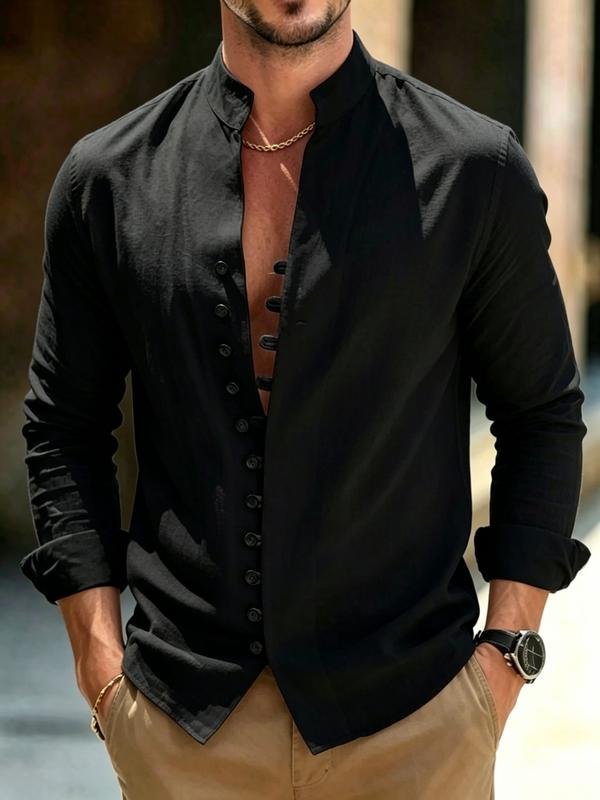 Men’s Stand Collar Linen Shirt – Button Front Long Sleeve Casual Shirt, Minimalist Summer Resort Style