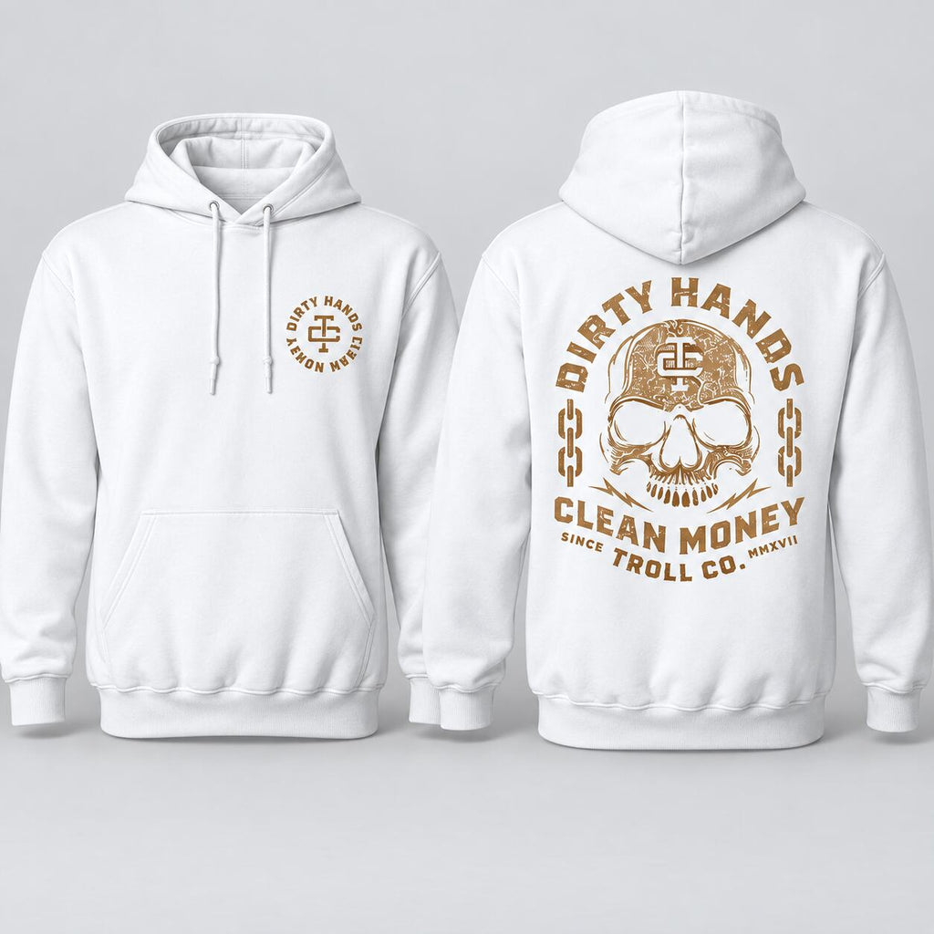 Dirty Hands Clean Money Skull Graphic T-Shirt, Sweatshirt & Hoodie – Blue Collar Hard Work Double-Sided Print Apparel