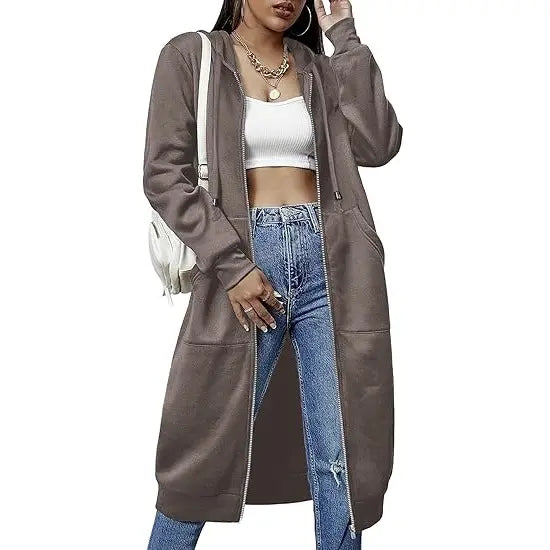Women's Long Zip Up Hoodie Jacket – Casual Hooded Sweatshirt Coat, Longline Streetwear Outerwear for Fall & Everyday Wear