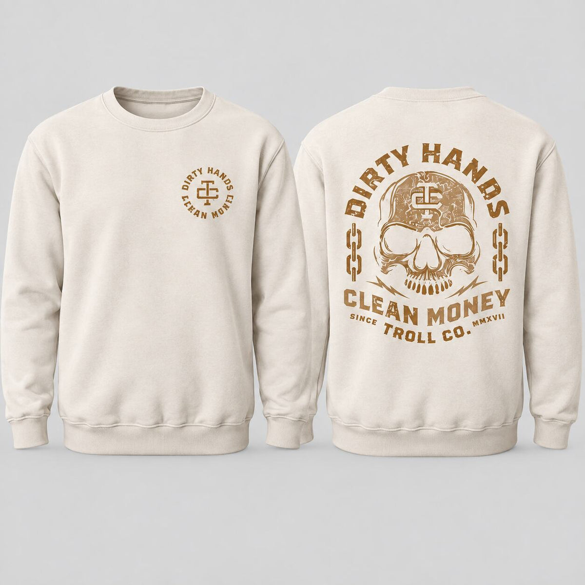 Dirty Hands Clean Money Skull Graphic T-Shirt, Sweatshirt & Hoodie – Blue Collar Hard Work Double-Sided Print Apparel