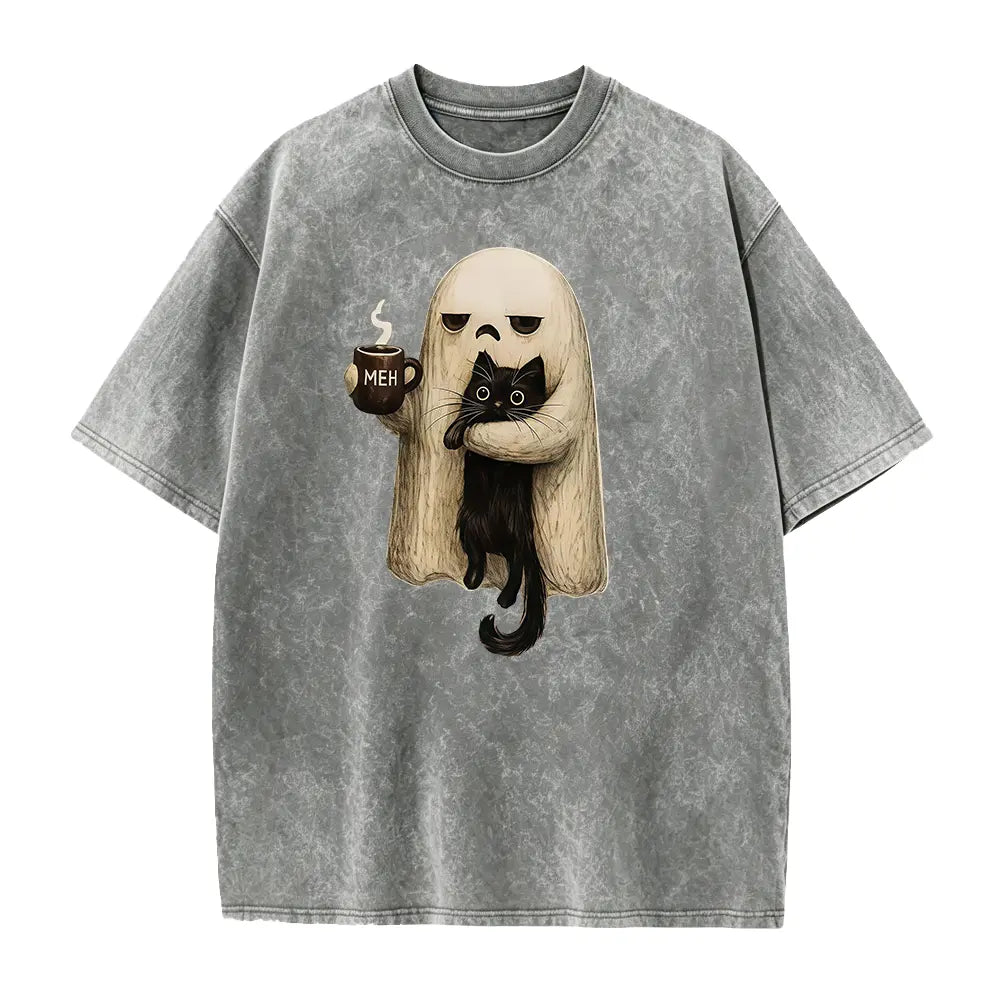 Meh Ghost & Black Cat T-Shirt, Sweatshirt & Hoodie – Funny Halloween Coffee Graphic, Spooky Cat Lover Design, Sarcastic Cute Halloween Gift