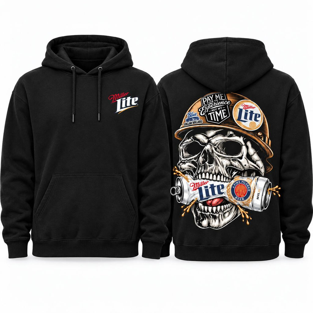Miller Lite Skull Blue Collar Graphic T-Shirt, Sweatshirt & Hoodie – Beer Lover Workwear & Tradesman Graphic Apparel