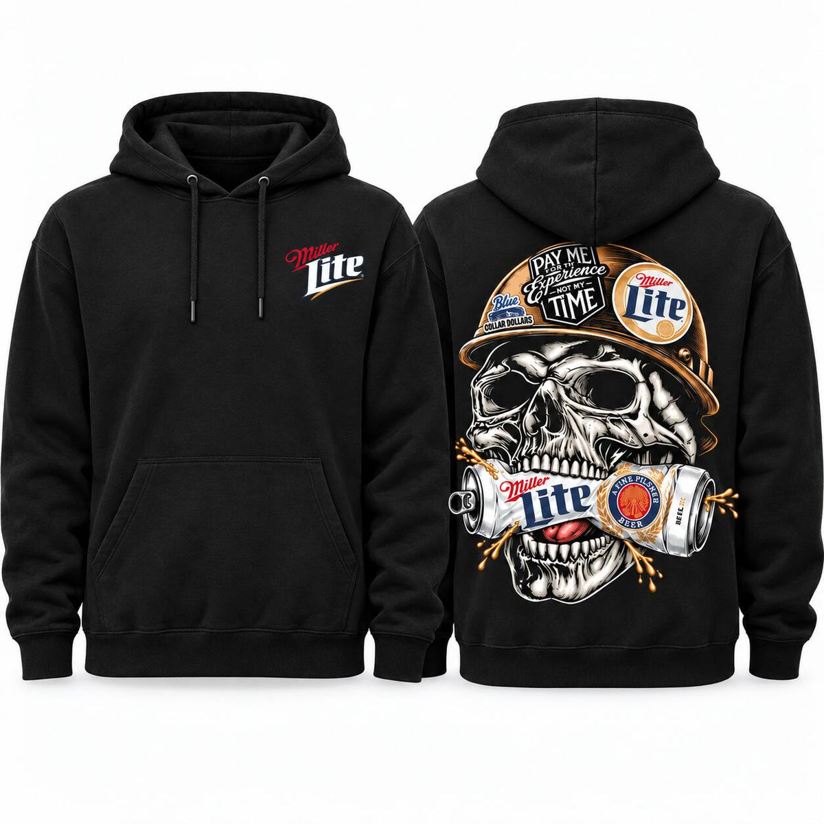Miller Lite Skull Blue Collar Graphic T-Shirt, Sweatshirt & Hoodie – Beer Lover Workwear & Tradesman Graphic Apparel
