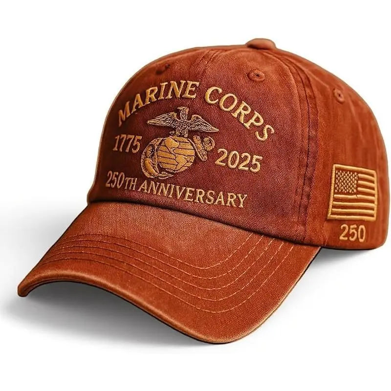 Marine Corps 250th Anniversary Embroidered Baseball Cap – 1775–2025 Vintage Washed Military Tribute Hat for Veterans & Patriots