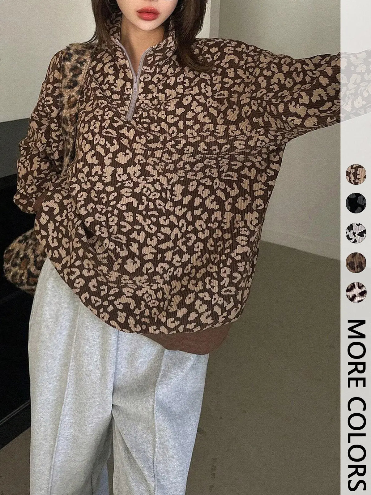 Women's Leopard Print Half Zip Pullover – Oversized Drop Shoulder Long Sleeve Top, Contrast Trim Casual Streetwear Sweatshirt