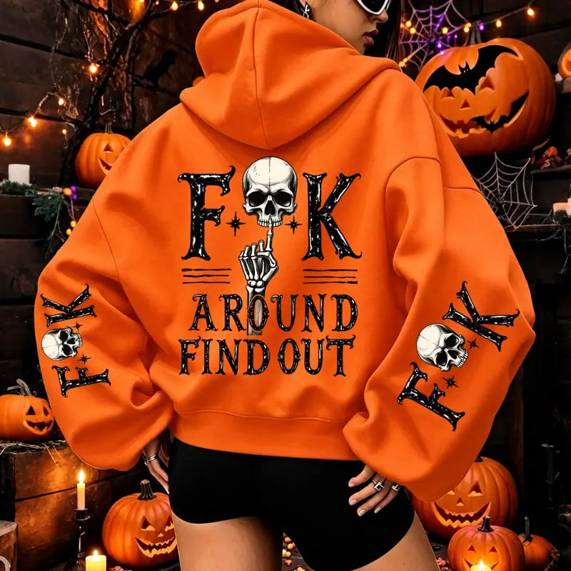FAFO Fuck Around And Find Out Skull Graphic T-Shirt, Sweatshirt & Hoodie – Gothic Halloween Back & Sleeve Print