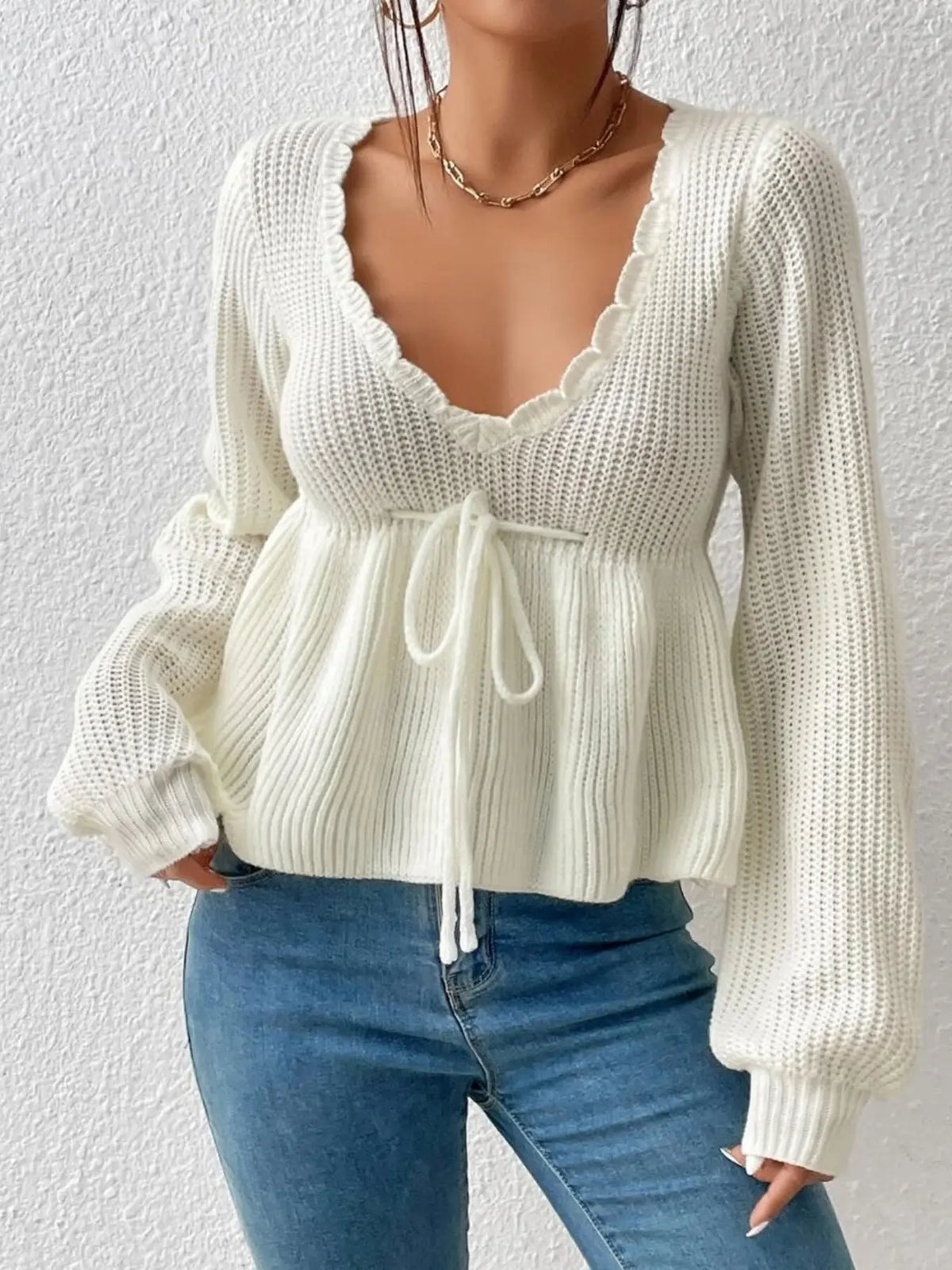 Women’s Deep V-Neck Peplum Knit Sweater – Scallop Trim Tie-Front Top with Bishop Sleeves, Feminine Fall Knitwear
