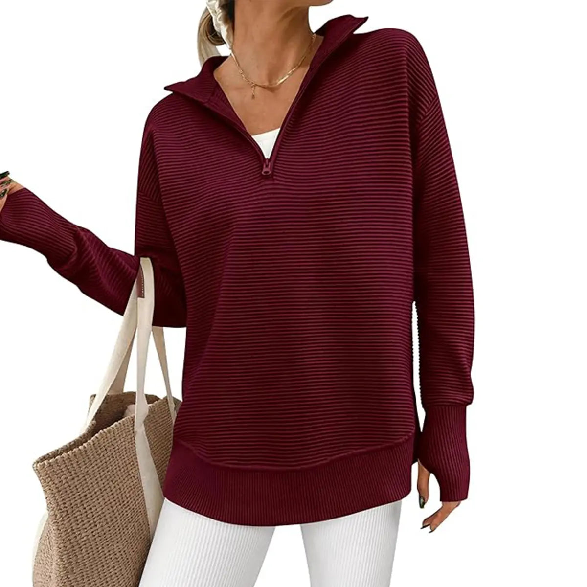 Women's Quarter Zip Ribbed Knit Pullover – Loose Fit Collared V Neck Sweater Top, Casual Long Sleeve Layering Shirt