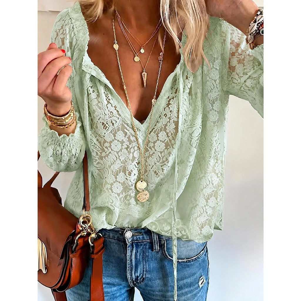 Women's Floral Lace V-Neck Blouse – Sheer Long Sleeve Tie-Front Top, Romantic Boho Casual Style