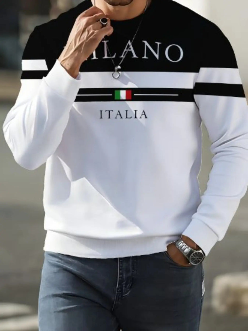 Milano Italy Graphic Sweatshirt – Italian Flag Colorblock Stripe Crewneck Pullover