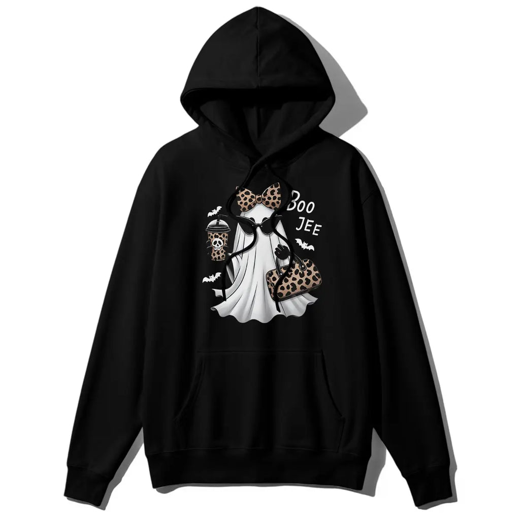 Boo-Jee Ghost Graphic T-Shirt, Sweatshirt & Hoodie – Leopard Print Halloween Ghost Design, Funny Fall Streetwear Apparel