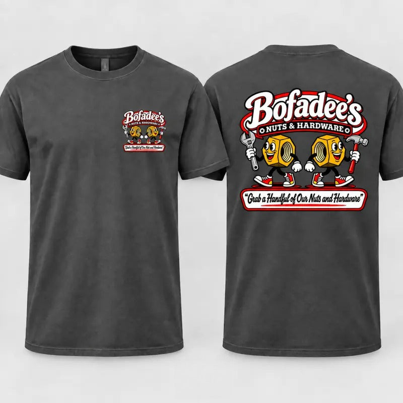 Bofadee’s Nuts & Hardware Double-Sided Graphic T-Shirt, Sweatshirt & Hoodie – Funny Mechanic & Tool Lover Apparel