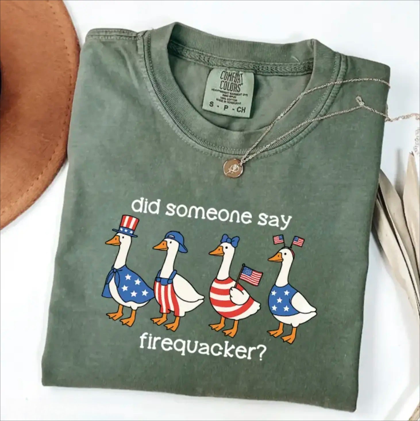 Firequacker Goose T-Shirt/Sweatshirt/Hoodie – Funny Patriotic American Flag Graphic Tee for America 250, 4th of July & Independence Day