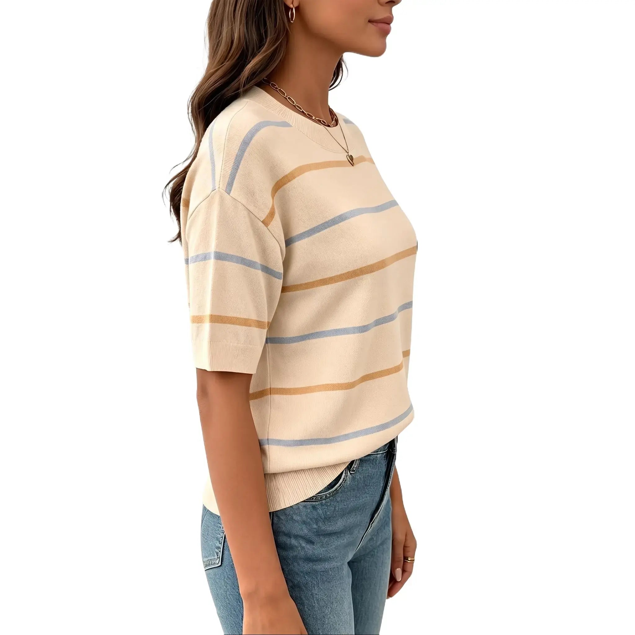 Women's Striped Knit Short Sleeve Sweater – Casual Loose Fit Crew Neck Pullover Top, Lightweight Everyday Wear