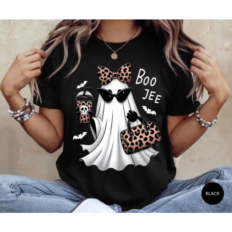 Boo-Jee Ghost Graphic T-Shirt, Sweatshirt & Hoodie – Leopard Print Halloween Ghost Design, Funny Fall Streetwear Apparel