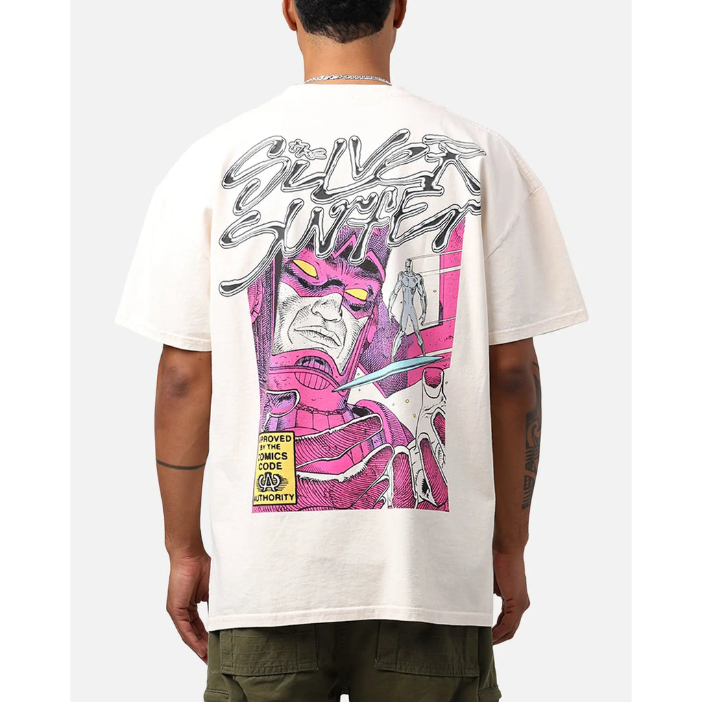 Marvel Silver Surfer Graphic T-Shirt – Off White Heavyweight Cotton Tee, Retro Comic Superhero Streetwear, Oversized Casual Fit