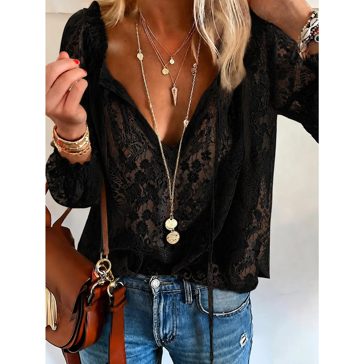 Women's Floral Lace V-Neck Blouse – Sheer Long Sleeve Tie-Front Top, Romantic Boho Casual Style