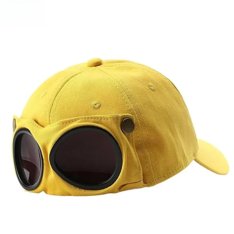 Men's Pilot Goggle Baseball Cap – Korean Streetwear Aviator Hat with Retro Glasses Detail, Casual Outdoor Snapback Cap
