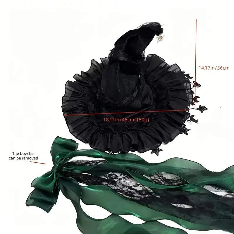 Women’s Gothic Witch Hat with Tulle & Long Satin Ribbon Bow – Star & Moon Charm Ruffle Brim Halloween Costume Hat