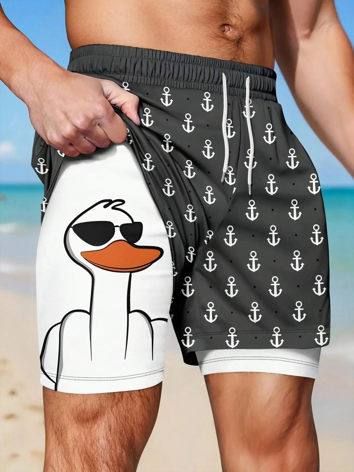 Men's 2-in-1 Funny Duck Swim Shorts – Quick Dry Beach Trunks with Anchor Print, Drawstring Waist for Summer Vacation