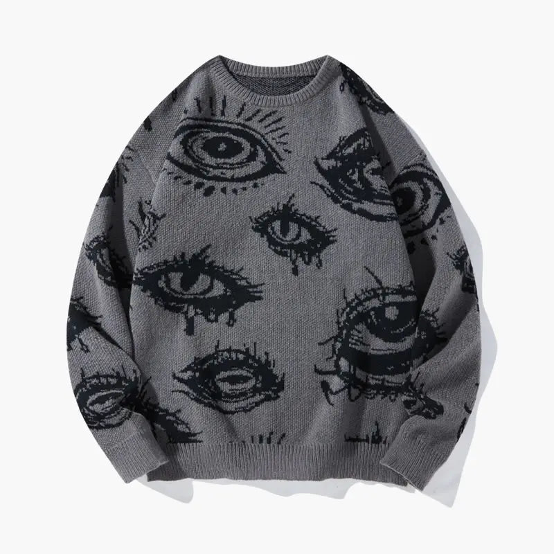 Men’s All-Over Eye Graphic Knit Sweater – Gothic Y2K Crew Neck Pullover, Oversized Streetwear Sweater for Fall & Winter