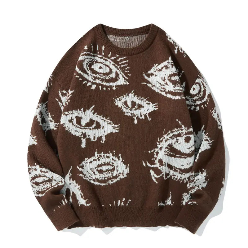 Men’s All-Over Eye Graphic Knit Sweater – Gothic Y2K Crew Neck Pullover, Oversized Streetwear Sweater for Fall & Winter