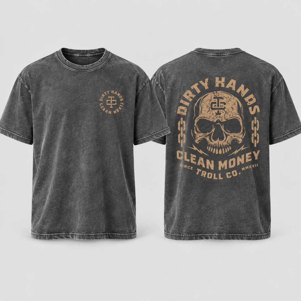 Dirty Hands Clean Money Skull Graphic T-Shirt, Sweatshirt & Hoodie – Blue Collar Hard Work Double-Sided Print Apparel