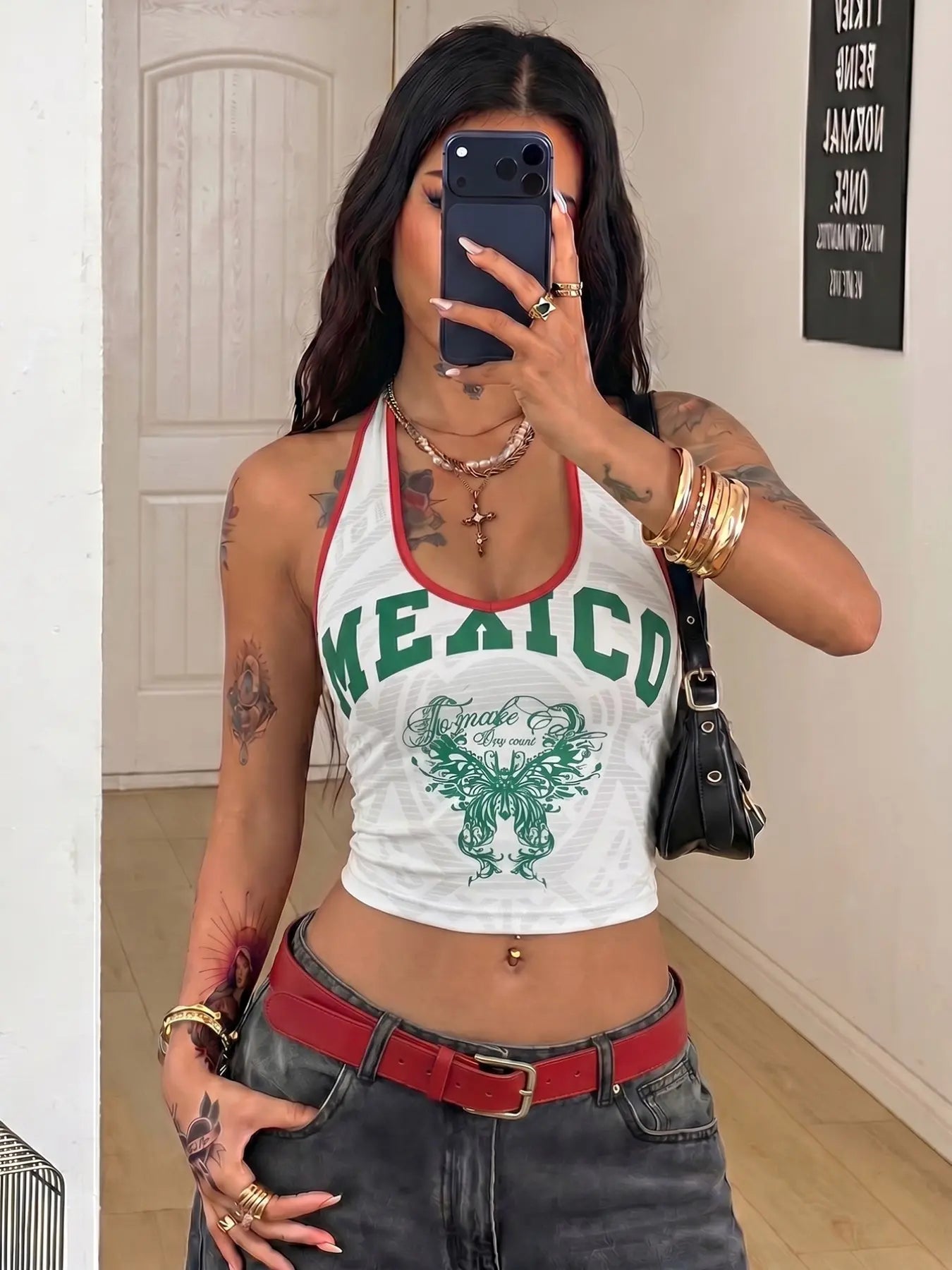 Mexico Butterfly Halter Crop Top – Y2K Mexican Pride Graphic Tank, Retro Slim Fit Summer Streetwear