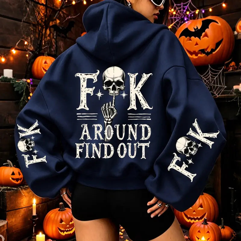 FAFO Fuck Around And Find Out Skull Graphic T-Shirt, Sweatshirt & Hoodie – Gothic Halloween Back & Sleeve Print