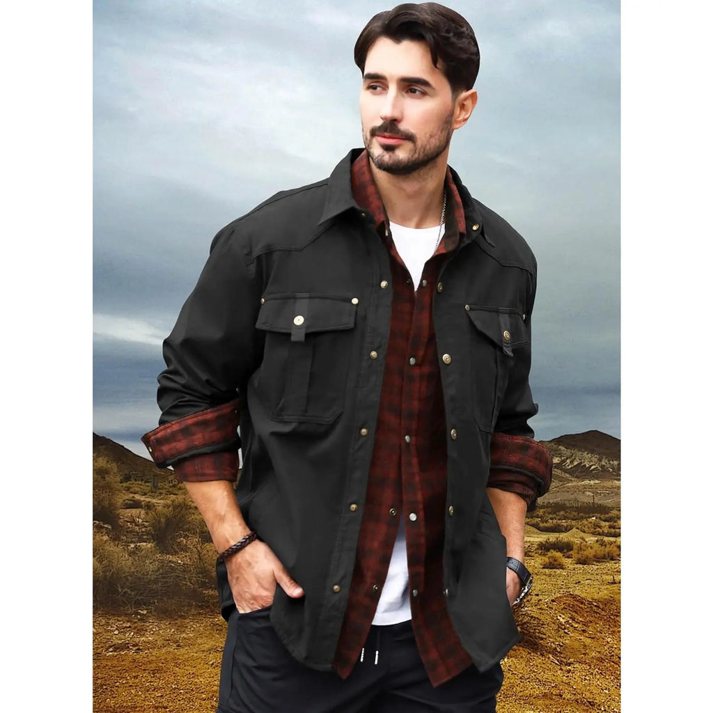 Men’s Plaid Lined Shirt Jacket – Western Workwear Button-Up Shacket with Utility Pockets, Casual Outdoor Jacket