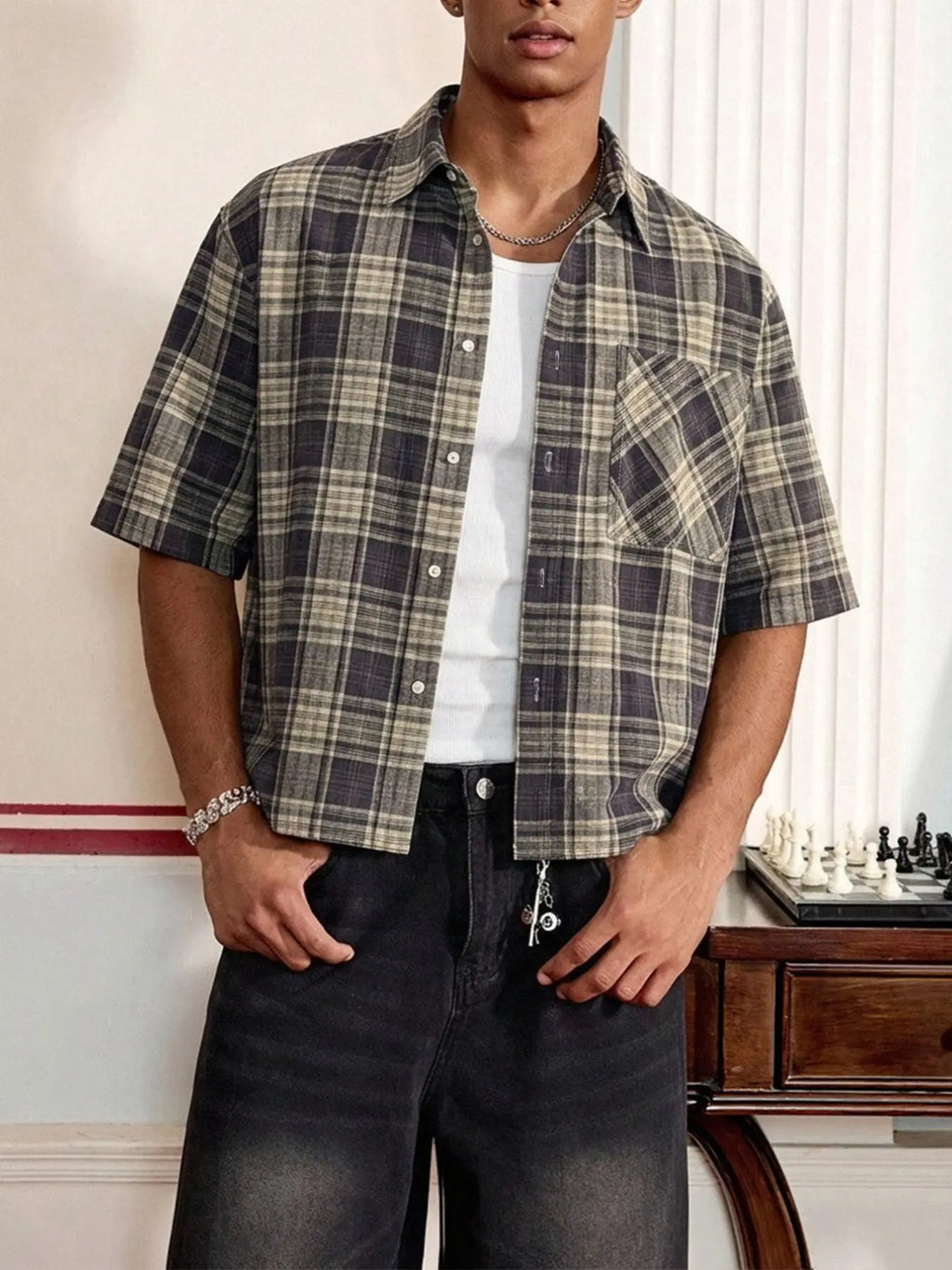 Men’s Plaid Short Sleeve Button-Up Shirt – Relaxed Fit Cropped Collared Shirt, Casual Vintage Streetwear Top
