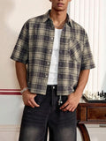 Men’s Plaid Short Sleeve Button-Up Shirt – Relaxed Fit Cropped Collared Shirt, Casual Vintage Streetwear Top