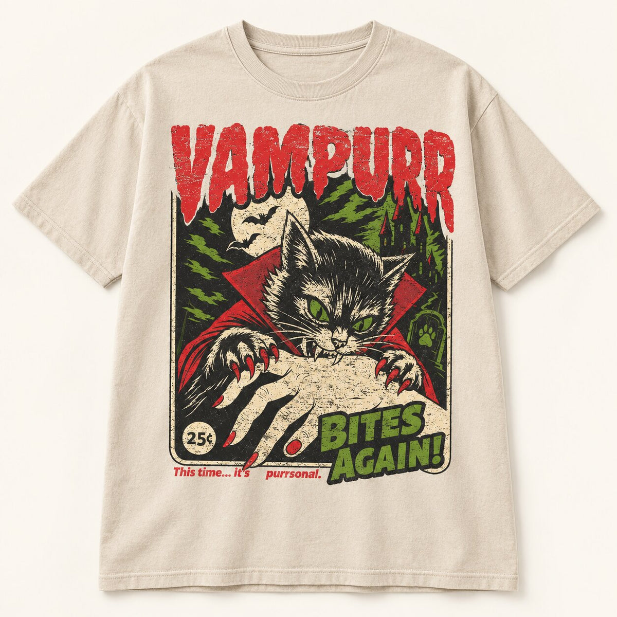 Vampurr Vampire Cat Halloween Graphic T-Shirt, Sweatshirt & Hoodie – Funny Retro Horror Bites Again Spooky Cat Design