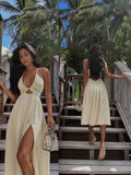 Women's Halter Cut-Out Maxi Dress – Backless Boho Beach Vacation Dress with High Slit, Flowy Summer Resort Outfit