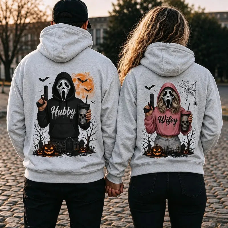 Hubby Wifey Halloween Couple Matching T-Shirt, Sweatshirt & Hoodie – Spooky Horror Matching Graphic Apparel