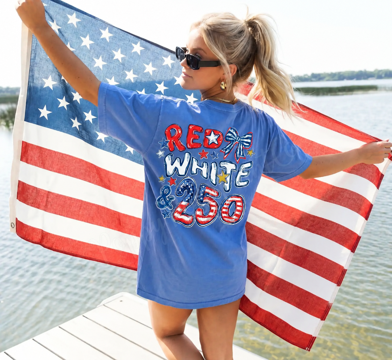 Red White & 250 America 250 T-Shirt/Sweatshirt/Hoodie – Patriotic Oversized Comfort Colors Graphic Tee for Women