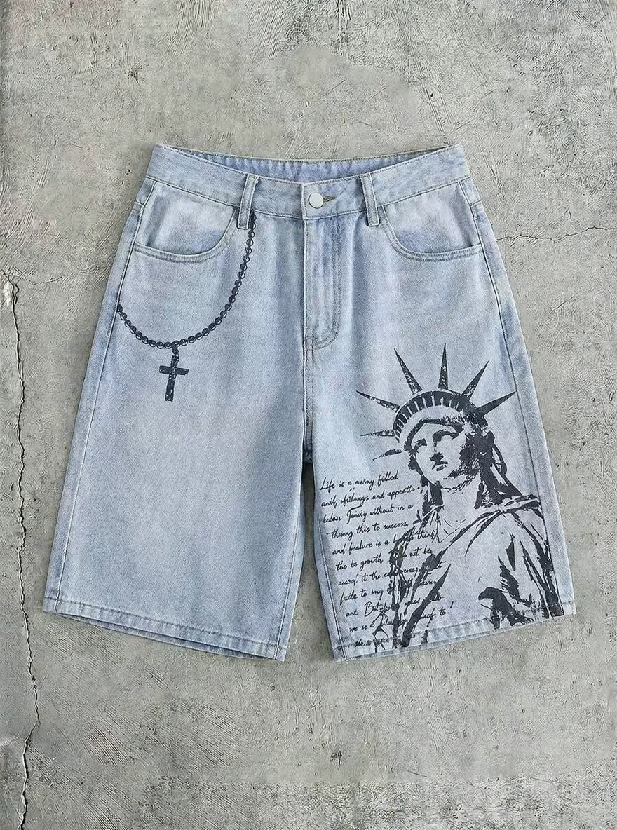 Men's Statue of Liberty Graphic Denim Shorts – Vintage Washed Loose Fit Jean Shorts, American Streetwear Summer Style