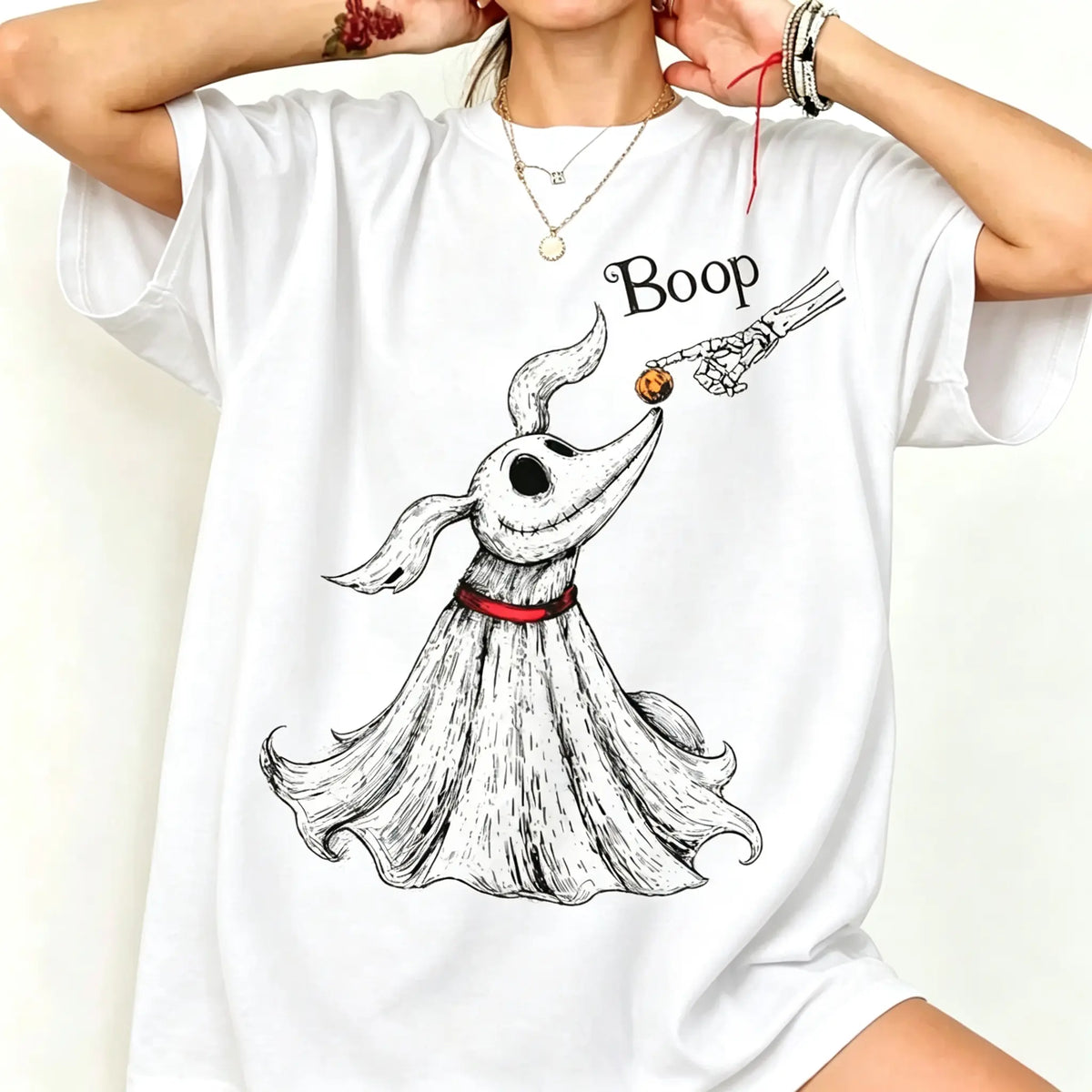 Zero Dog Boop Halloween Graphic T-Shirt, Sweatshirt & Hoodie – Funny Skeleton Hand & Ghost Dog Spooky Season Shirt