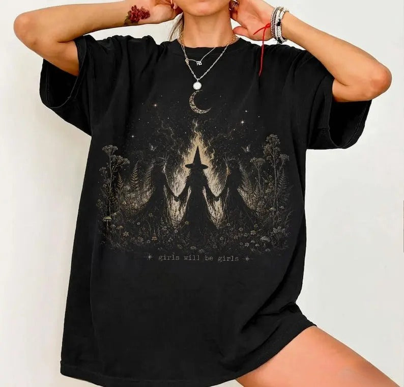 Girls Will Be Girls Witch Graphic T-Shirt, Sweatshirt & Hoodie – Halloween Witchy Spooky Season Tee
