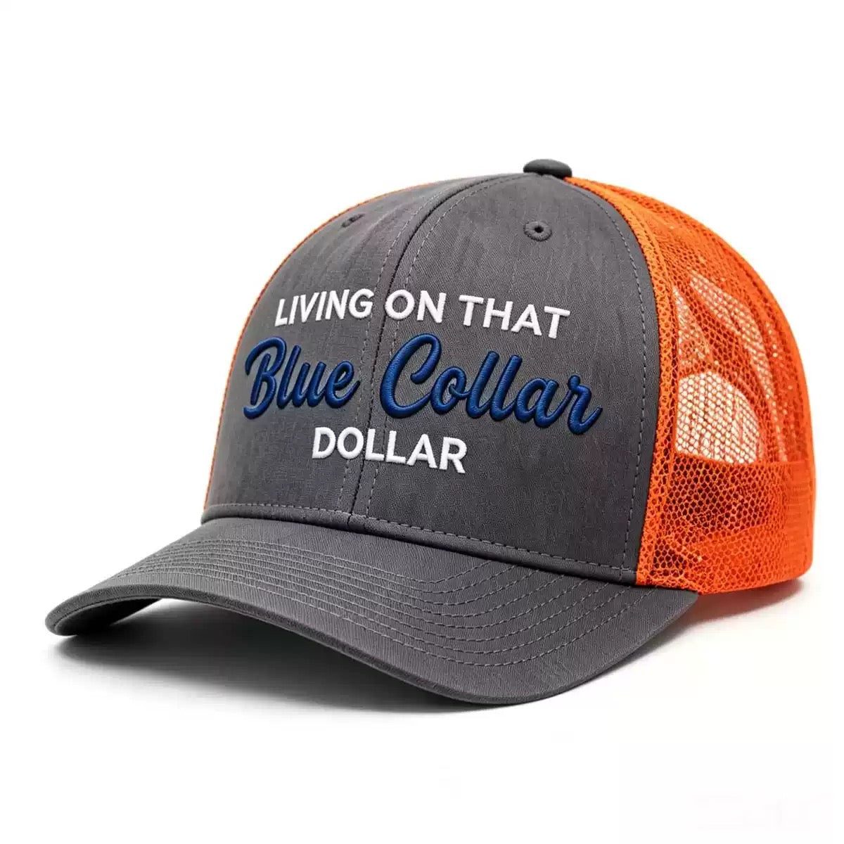 Living on That Blue Collar Dollar Embroidered Hat – Funny Blue Collar Baseball Cap for Mechanics, Welders & Hardworking Americans