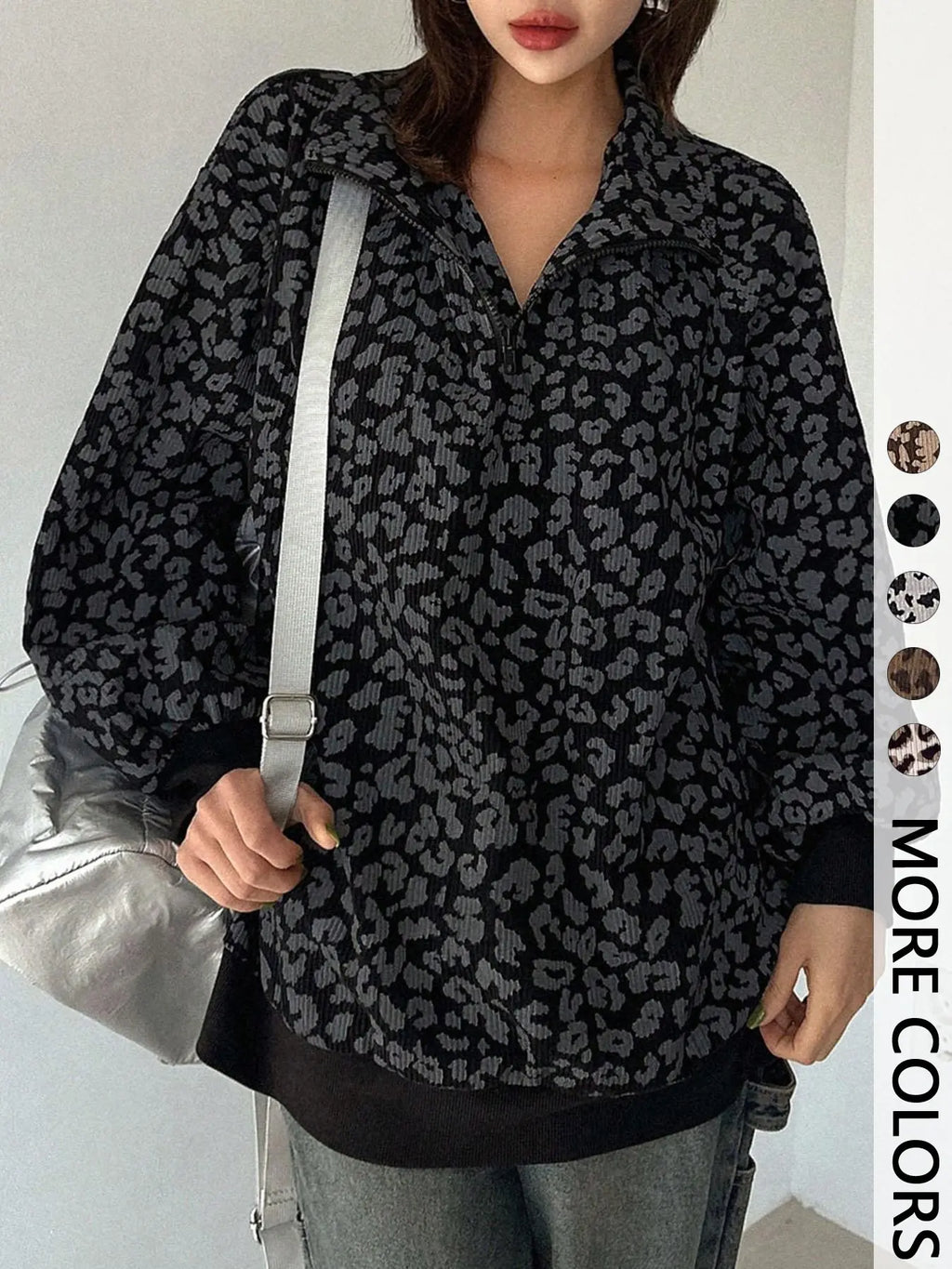 Women's Leopard Print Half Zip Pullover – Oversized Drop Shoulder Long Sleeve Top, Contrast Trim Casual Streetwear Sweatshirt