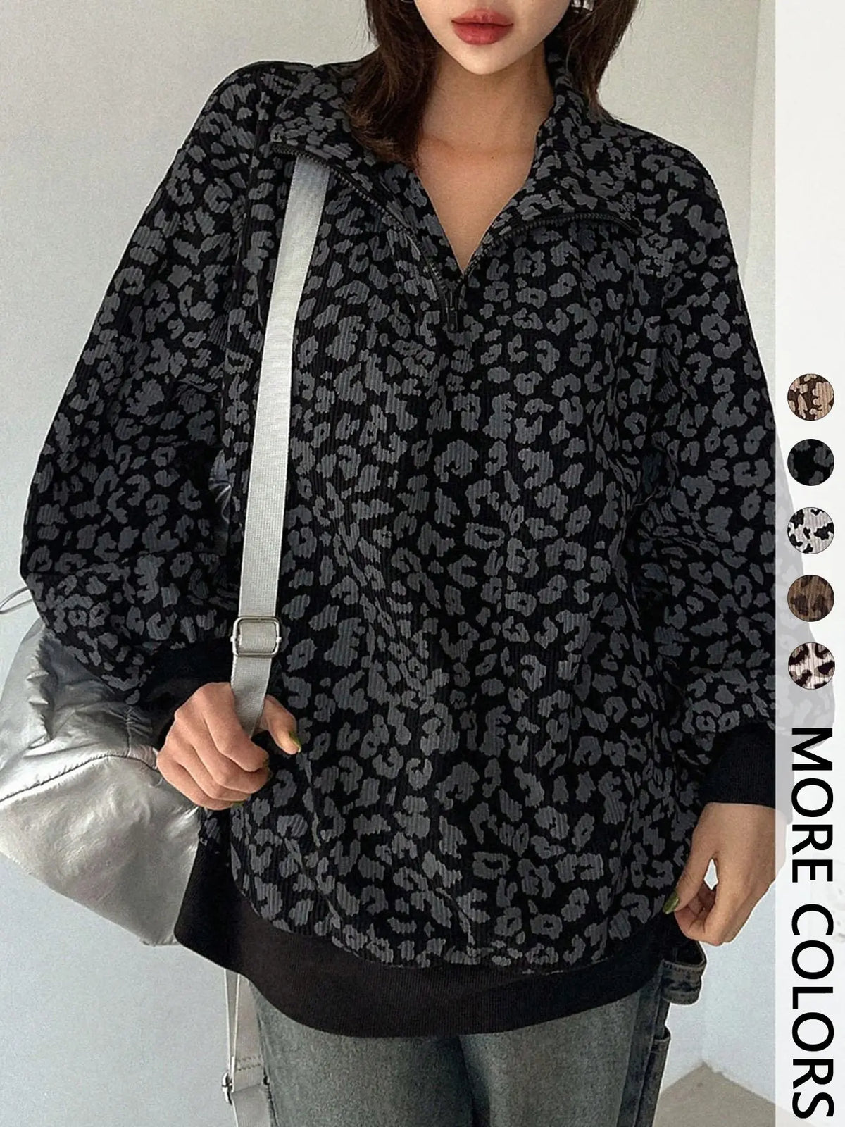 Women's Leopard Print Half Zip Pullover – Oversized Drop Shoulder Long Sleeve Top, Contrast Trim Casual Streetwear Sweatshirt