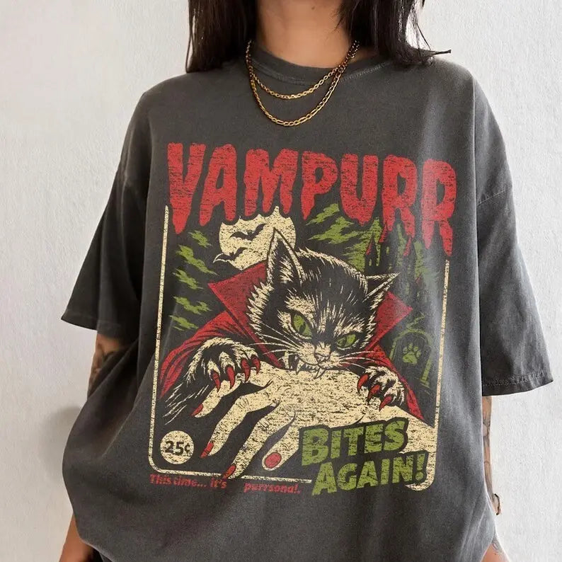Vampurr Vampire Cat Halloween Graphic T-Shirt, Sweatshirt & Hoodie – Funny Retro Horror Bites Again Spooky Cat Design