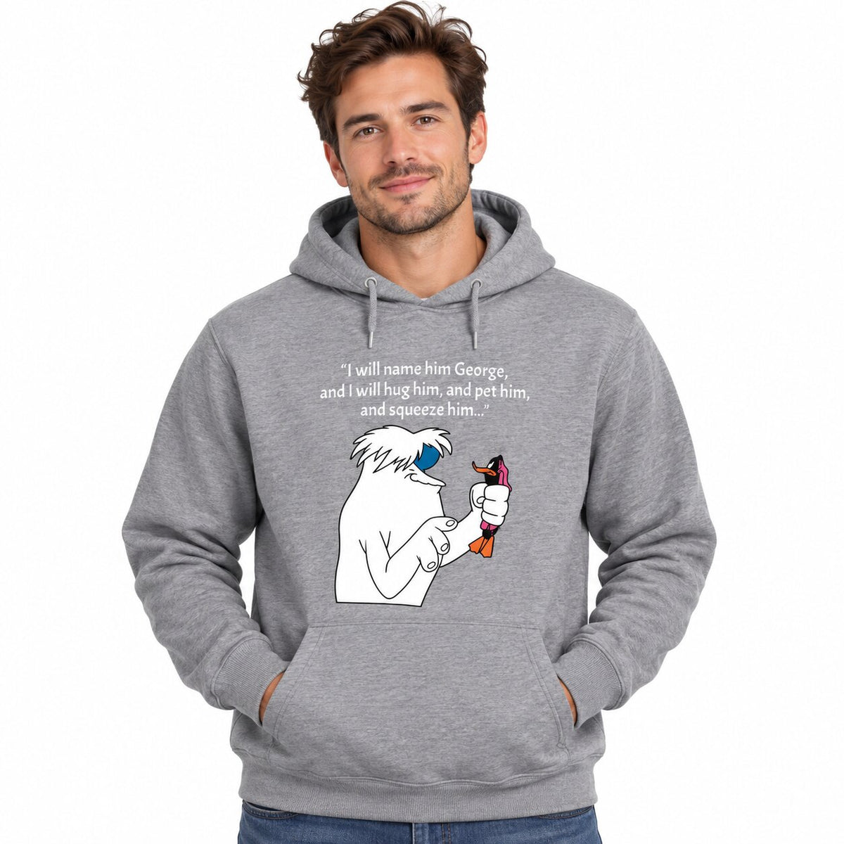 I Will Name Him George Funny Cartoon Graphic T-Shirt, Sweatshirt & Hoodie – Retro Nostalgic Humor Apparel