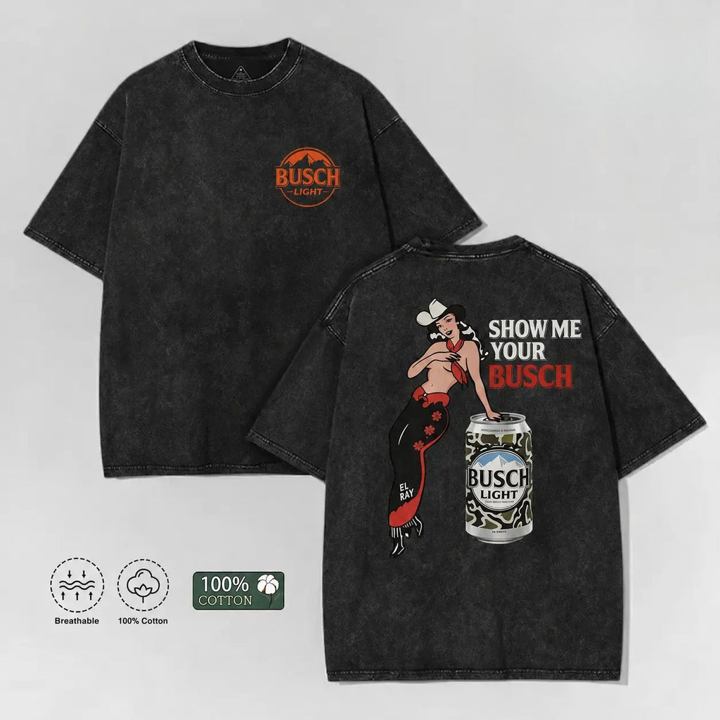 Show Me Your Busch Pin-Up Cowgirl Graphic T-Shirt, Sweatshirt & Hoodie – Funny Western Beer Drinking Retro Design