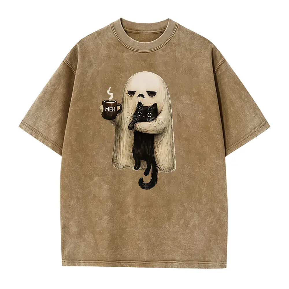 Meh Ghost & Black Cat T-Shirt, Sweatshirt & Hoodie – Funny Halloween Coffee Graphic, Spooky Cat Lover Design, Sarcastic Cute Halloween Gift