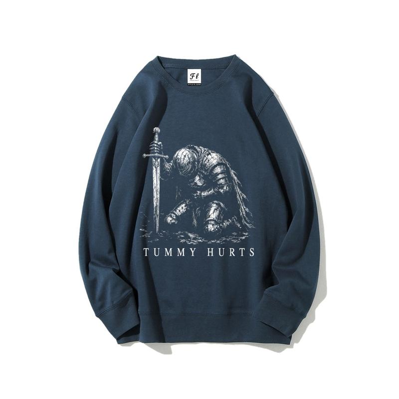 Tummy Hurts Kneeling Knight T-Shirt, Sweatshirt & Hoodie – Funny Medieval Dark Fantasy Graphic Apparel