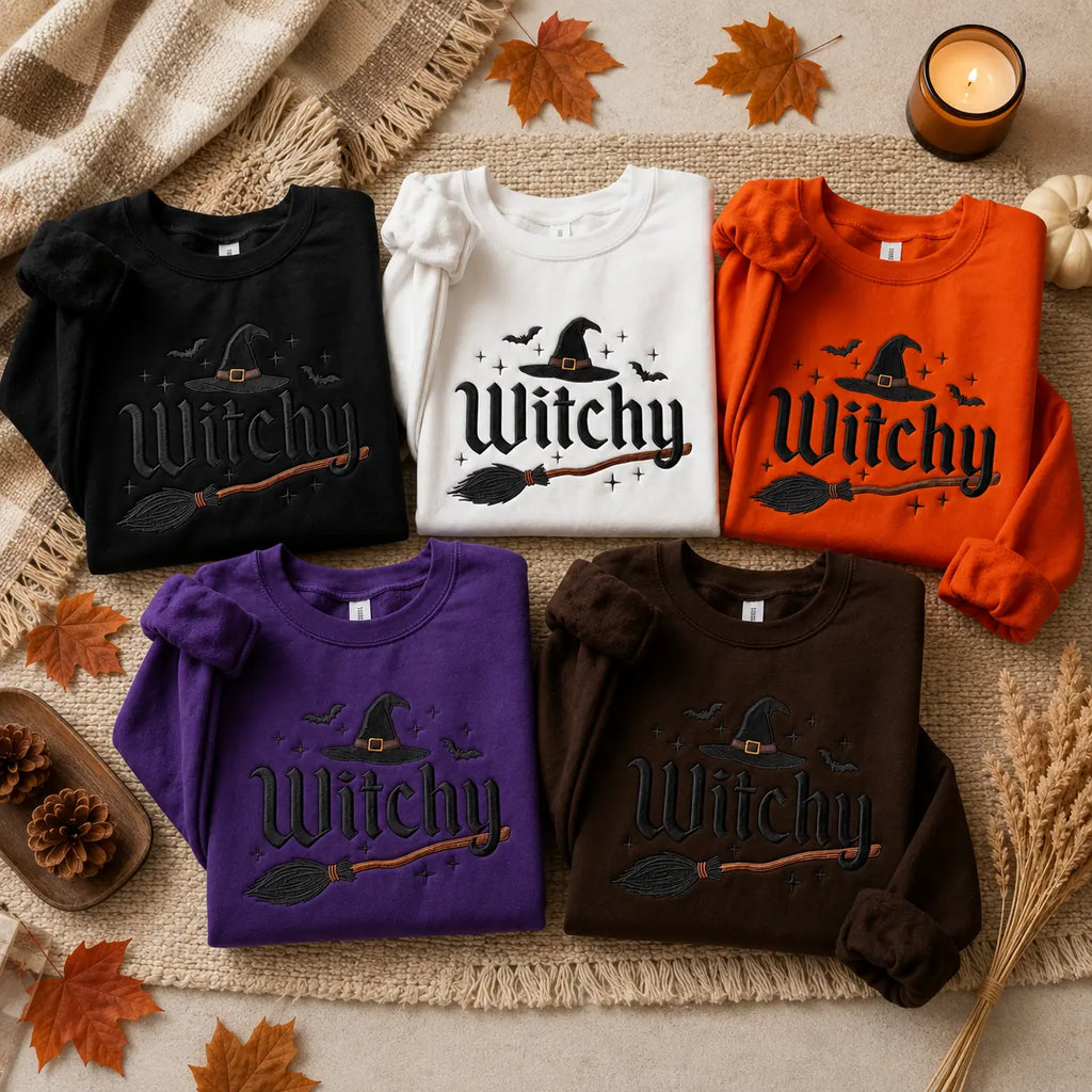 Witchy Halloween Embroidered Sweatshirt & Hoodie, T-Shirt – Witch Hat, Broomstick & Bats Spooky Season Apparel