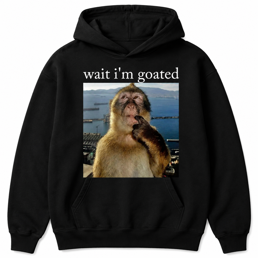 Wait I’m Goated Graphic T-Shirt, Sweatshirt & Hoodie – Funny Thinking Monkey Meme Print, Viral Brainrot Humor Apparel